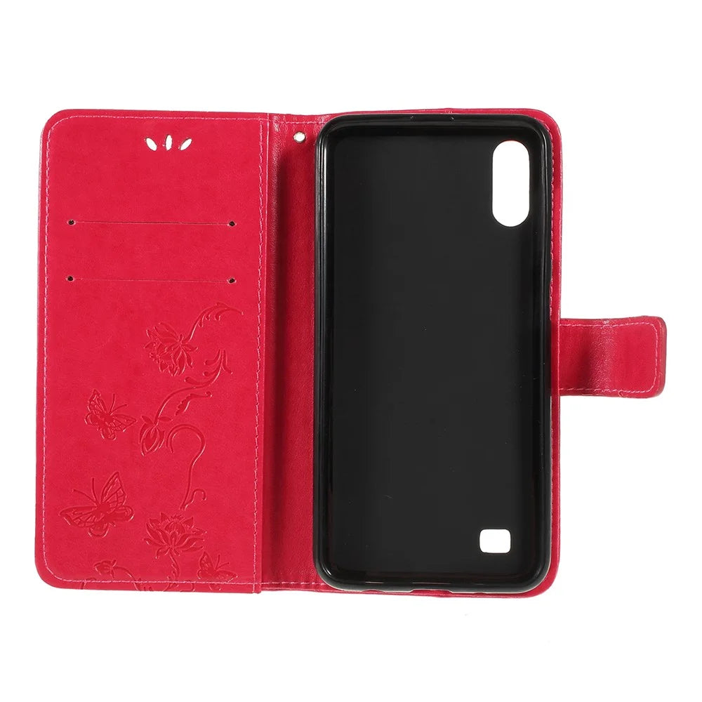 Imprint Butterfly Flower PU Leather Flip Stand Phone Case for Samsung Galaxy A10 - Rose - 4