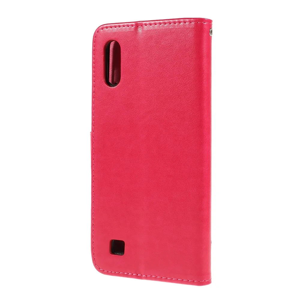 Imprint Butterfly Flower PU Leather Flip Stand Phone Case for Samsung Galaxy A10 - Rose - 7