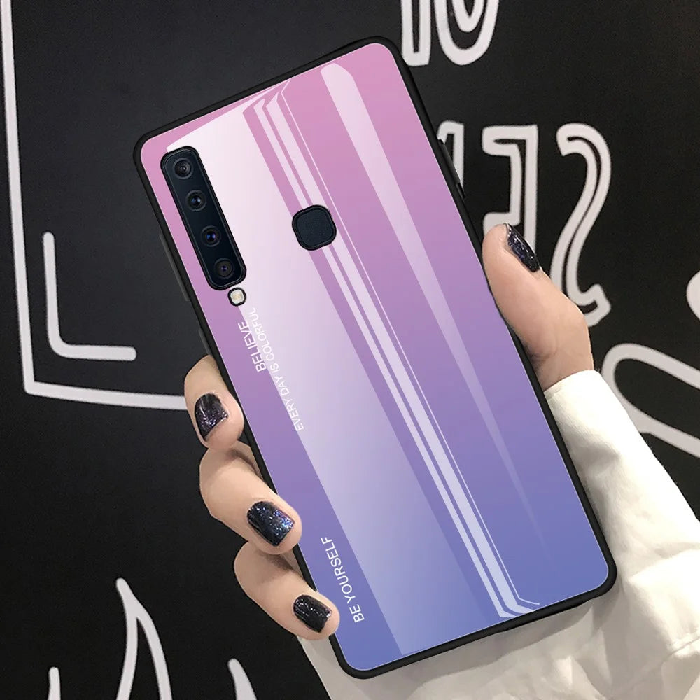 Gradient Color Glass + PC + TPU Hybrid Cover for Samsung Galaxy A9 (2018)/A9 Star Pro/A9s - Pink / Purple - 1