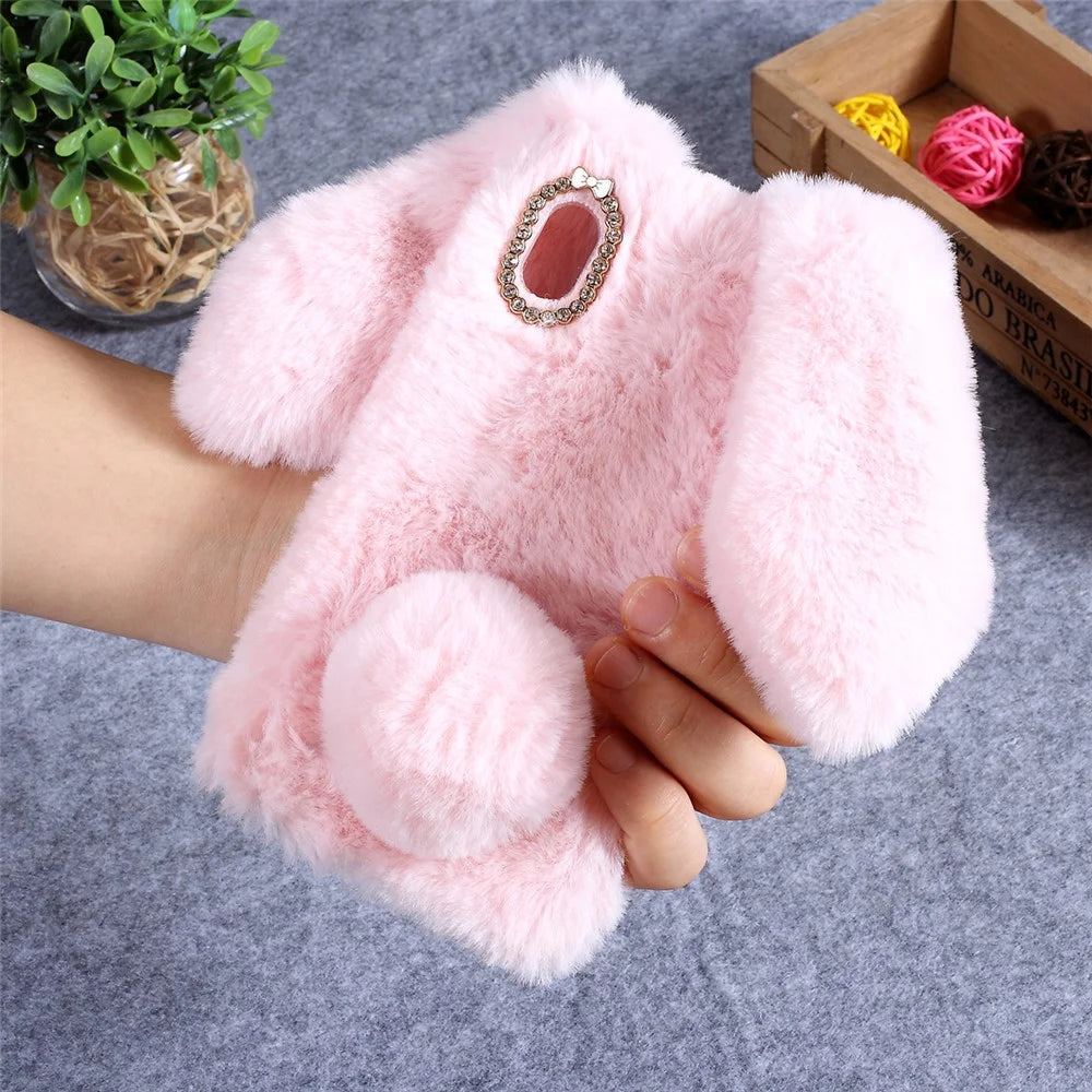 Rabbit Shape Fluffy Fur Coated Rhinestone TPU Case for Samsung Galaxy A10 - Pink - 1