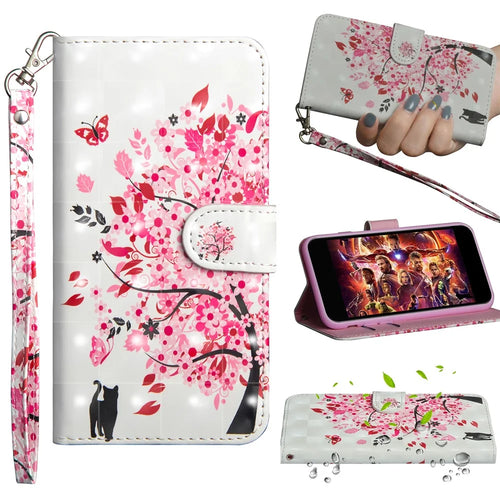 Light Spot Decor Patterned Leather Wallet Phone Casing for Samsung Galaxy A10 - Cat and Flowered Tree - 1