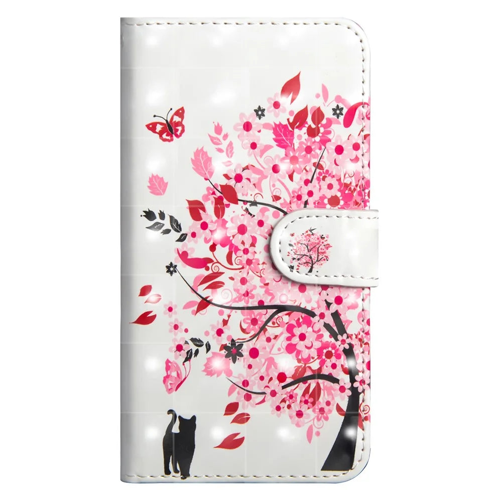 Light Spot Decor Patterned Leather Wallet Phone Casing for Samsung Galaxy A10 - Cat and Flowered Tree - 3