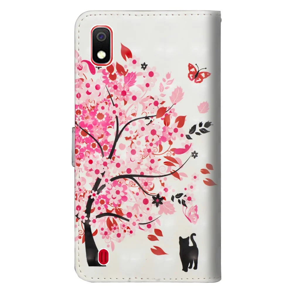 Light Spot Decor Patterned Leather Wallet Phone Casing for Samsung Galaxy A10 - Cat and Flowered Tree - 5