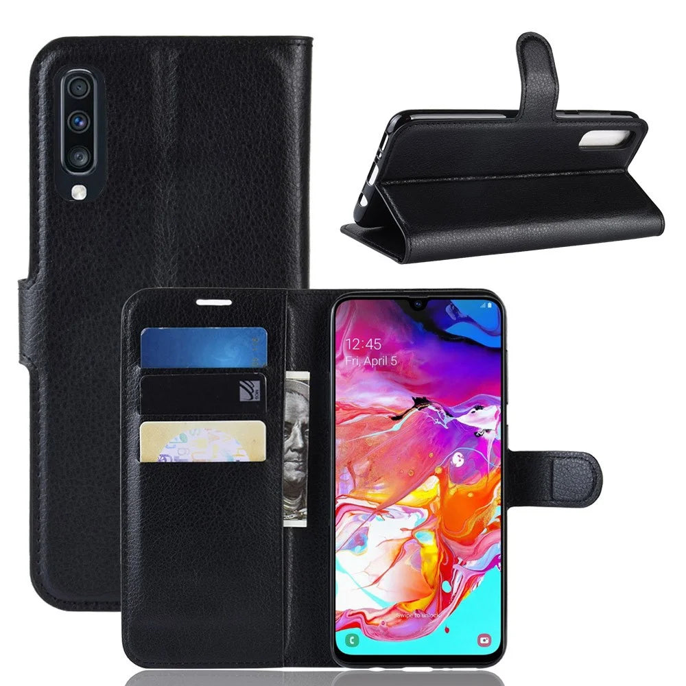 Litchi Skin PU Leather Magnetic Wallet Stand Case for Samsung Galaxy A70 - Black - 1