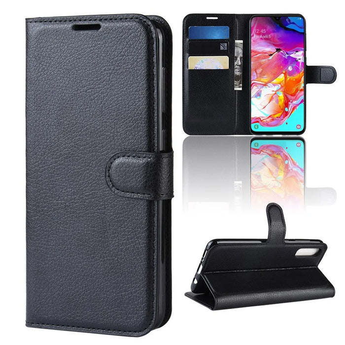 Litchi Skin PU Leather Magnetic Wallet Stand Case for Samsung Galaxy A70 - Black - 2
