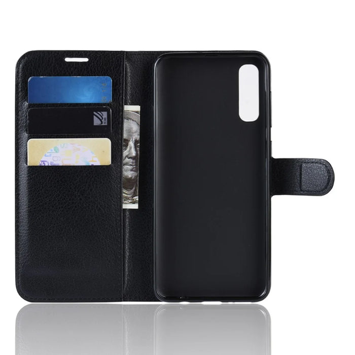 Litchi Skin PU Leather Magnetic Wallet Stand Case for Samsung Galaxy A70 - Black - 4
