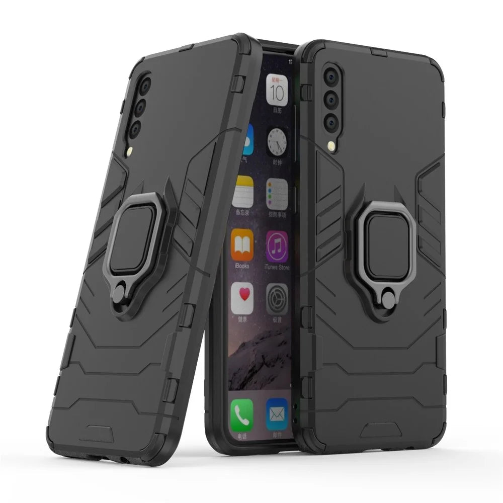 Cool Guard Ring Holder Kickstand PC TPU Hybrid Case for Samsung Galaxy A50 / A50s / A30s - Black - 1