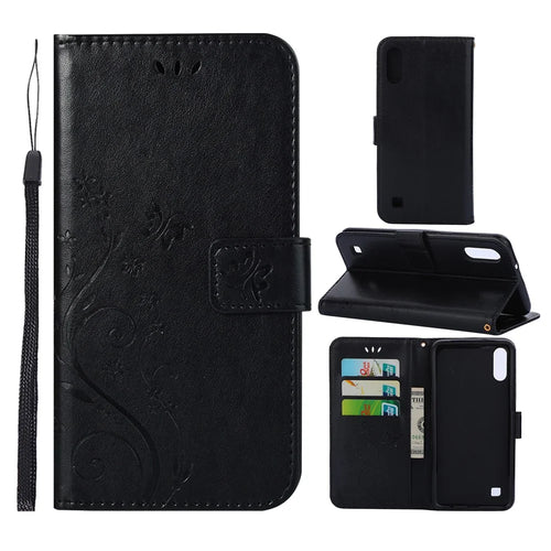 Imprint Butterfly Flower Leather Wallet Case for Samsung Galaxy A10 - Black - 1