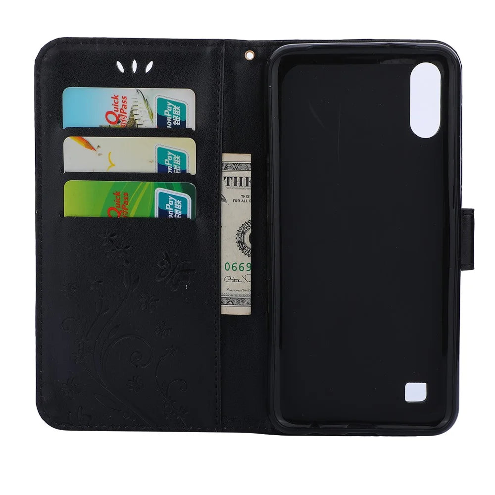 Imprint Butterfly Flower Leather Wallet Case for Samsung Galaxy A10 - Black - 3