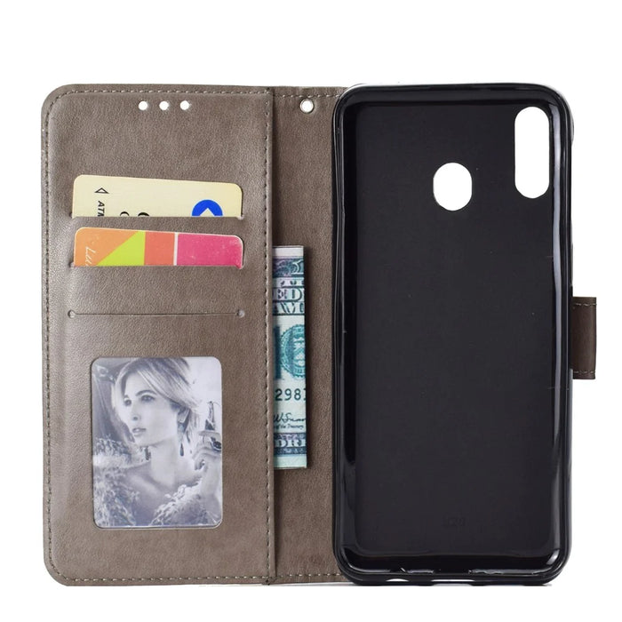 Imprint Flower Leather Wallet Case for Samsung Galaxy A30/A20 - Grey - 3