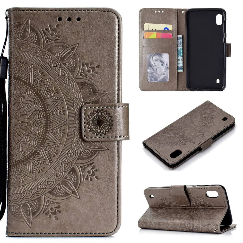 Imprint Flower Leather Wallet Case for Samsung Galaxy A10 - Grey - 1