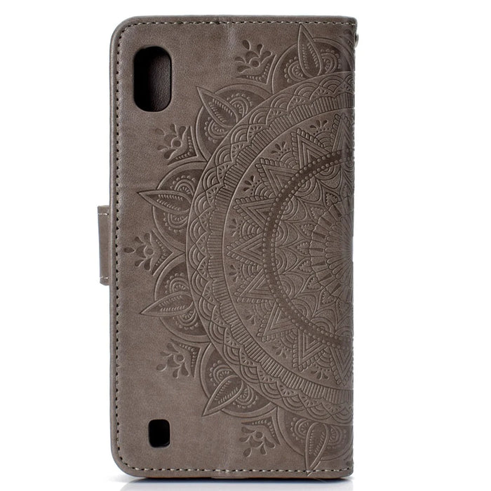 Imprint Flower Leather Wallet Case for Samsung Galaxy A10 - Grey - 4