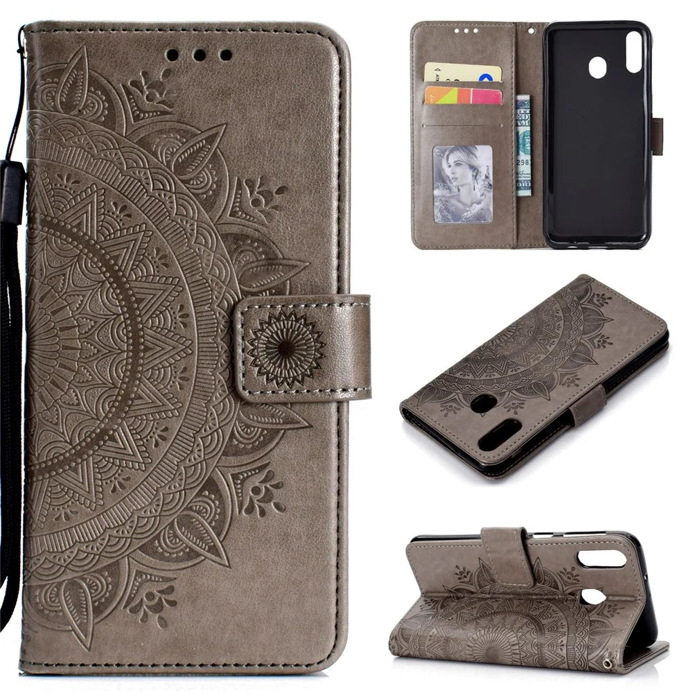 Imprint Flower Leather Wallet Case for Samsung Galaxy M20 - Grey - 1