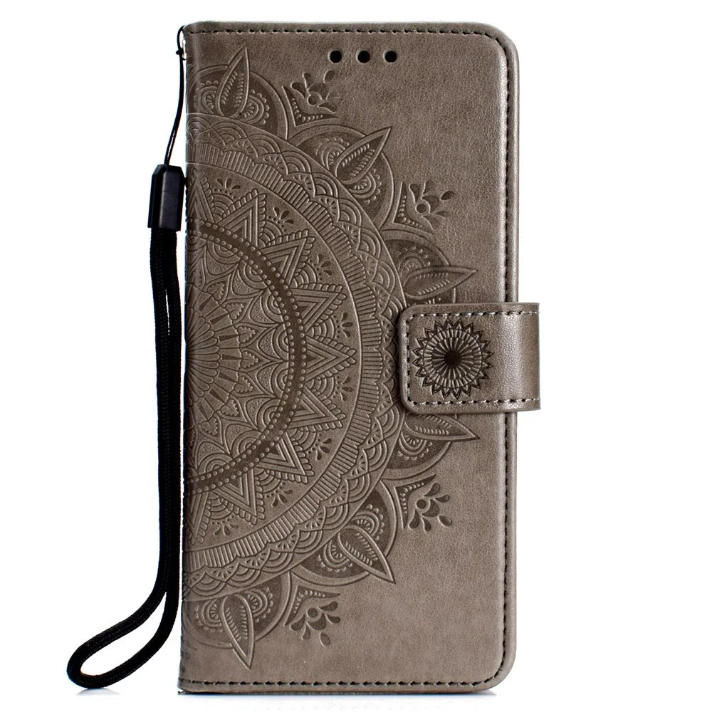 Imprint Flower Leather Wallet Case for Samsung Galaxy M20 - Grey - 2