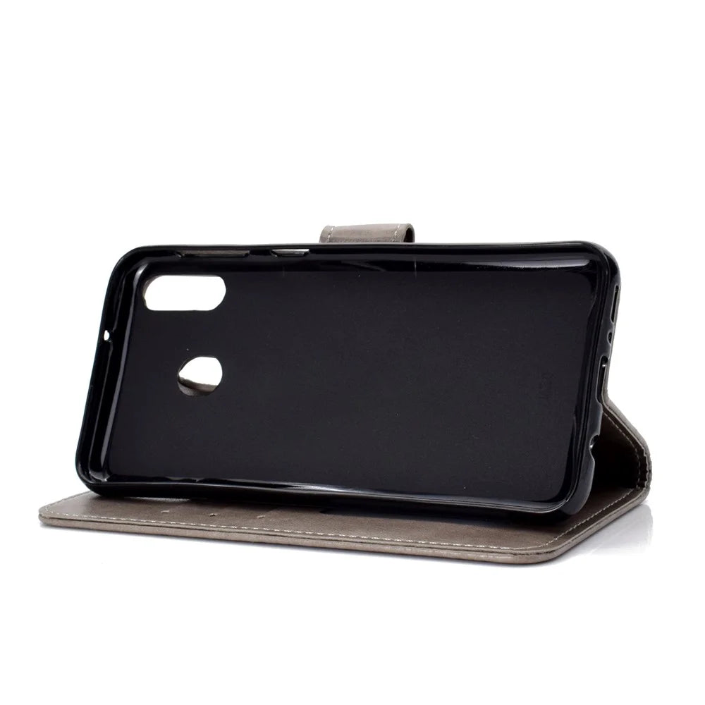 Imprint Flower Leather Wallet Case for Samsung Galaxy M20 - Grey - 5