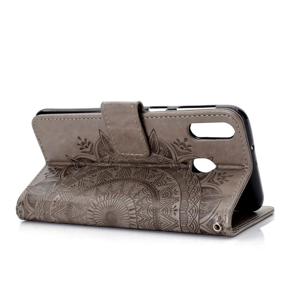 Imprint Flower Leather Wallet Case for Samsung Galaxy M20 - Grey - 6