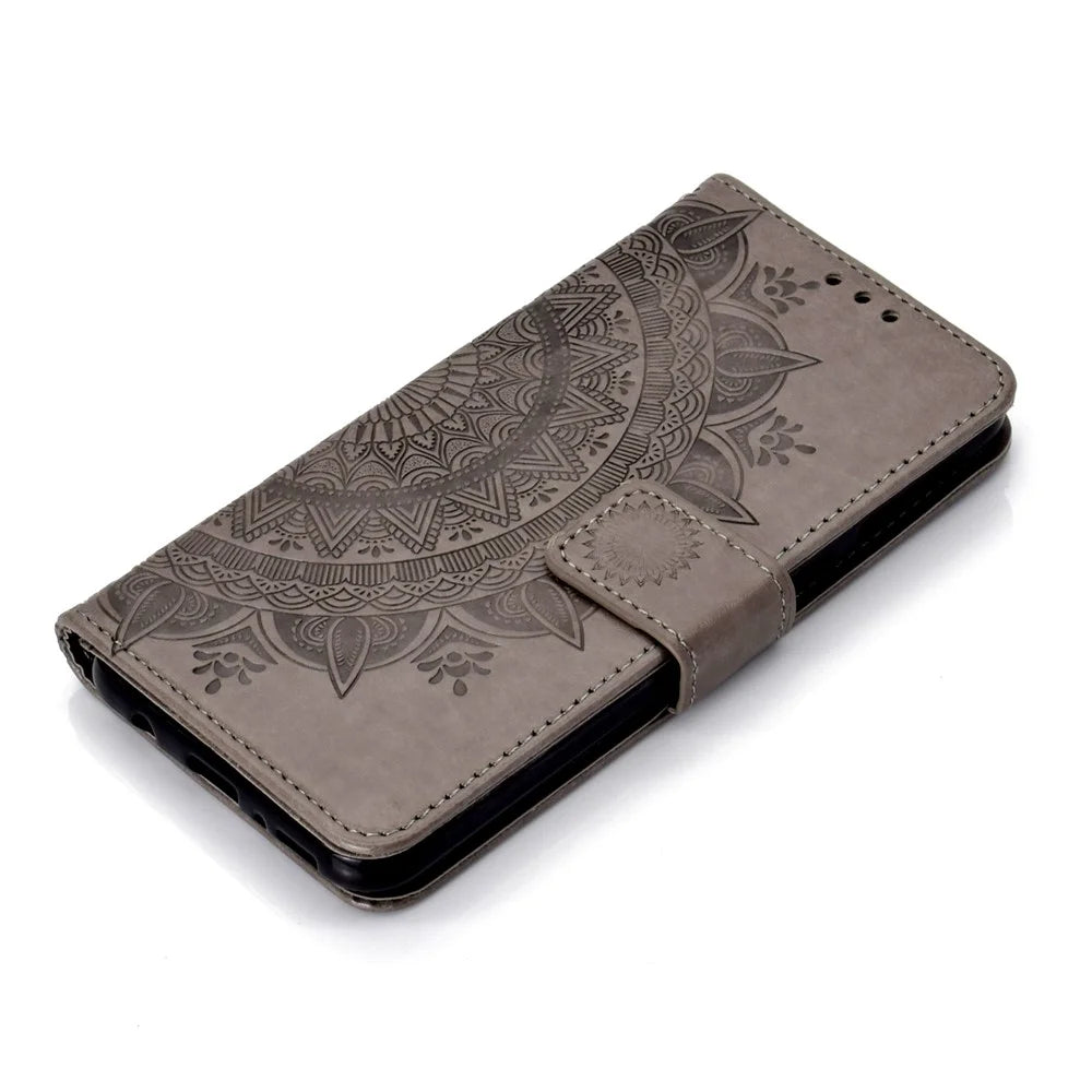 Imprint Flower Leather Wallet Case for Samsung Galaxy M20 - Grey - 7