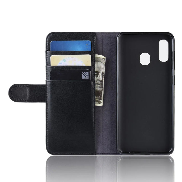 For Samsung Galaxy A20e Phone Cases Genuine Split Leather Wallet Mobile Cover Stand - Black - 5