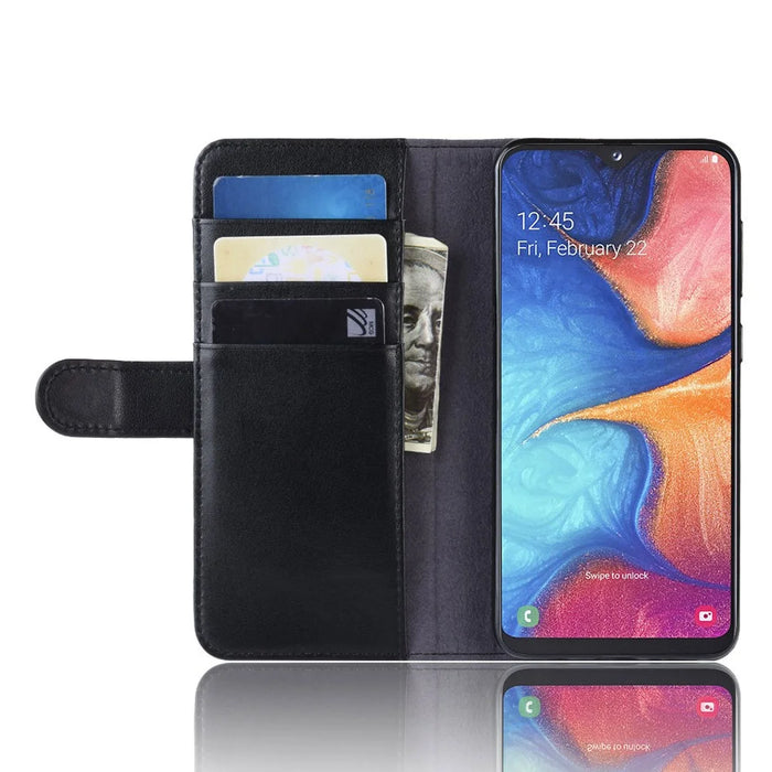For Samsung Galaxy A20e Phone Cases Genuine Split Leather Wallet Mobile Cover Stand - Black - 6