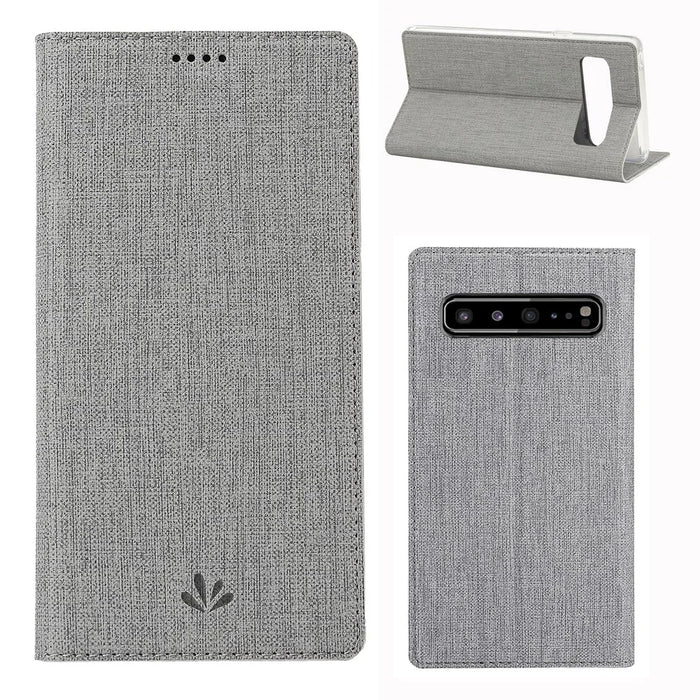 VILI DMX Cross Texture Stand Leather Card Holder Case for Samsung Galaxy S10 5G - Grey - 1
