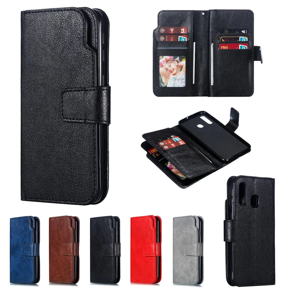 For Samsung Galaxy A40 [9 Card Slots] Crazy Horse Wallet Leather Mobile Case - Black - 2