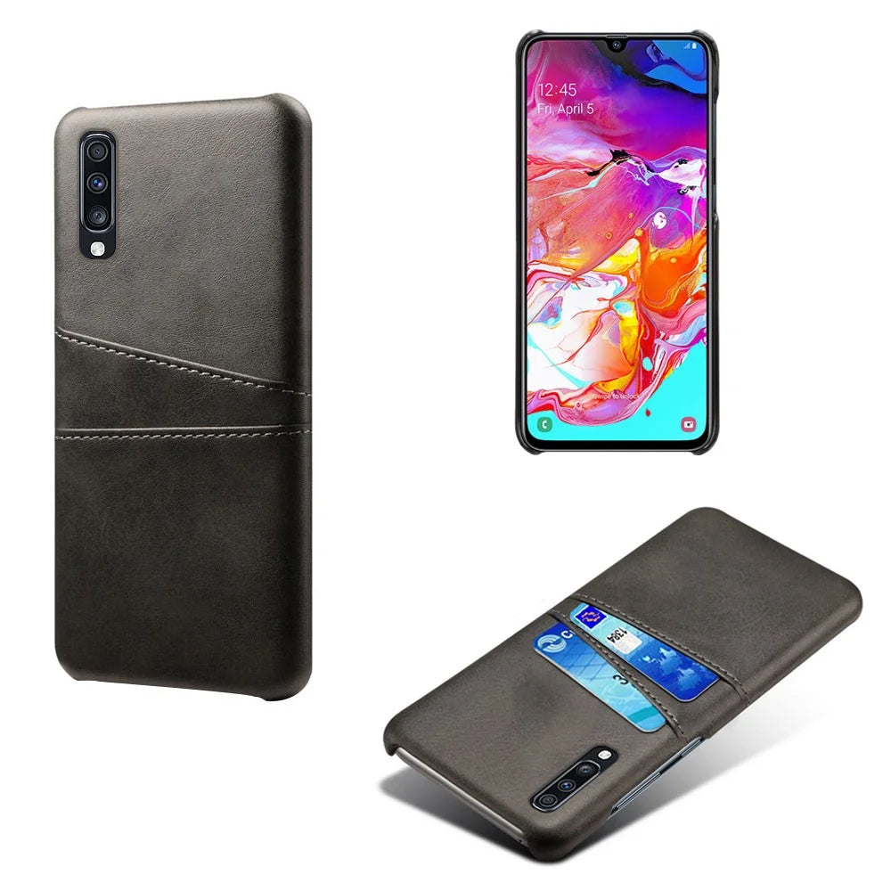 Double Card Slots PU Leather Coated PC Case for Samsung Galaxy A70 - Black - 1