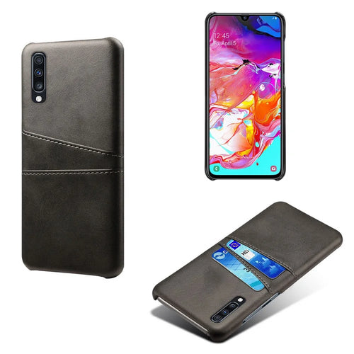 Double Card Slots PU Leather Coated PC Case for Samsung Galaxy A70 - Black - 1
