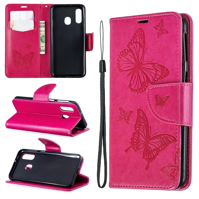 For Samsung Galaxy A40 PU Leather Imprint Butterflies Phone Case - Rose - 1