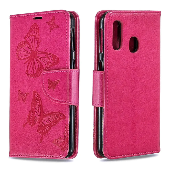 For Samsung Galaxy A40 PU Leather Imprint Butterflies Phone Case - Rose - 4