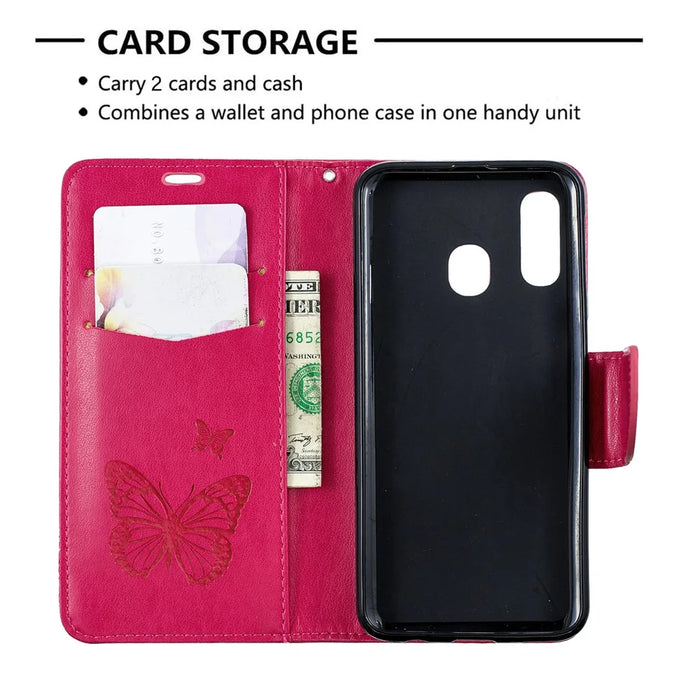 For Samsung Galaxy A40 PU Leather Imprint Butterflies Phone Case - Rose - 6