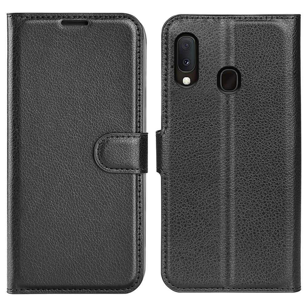 Litchi Texture Wallet Stand Leather Protective Phone Casing for Samsung Galaxy A20e - Black - 1