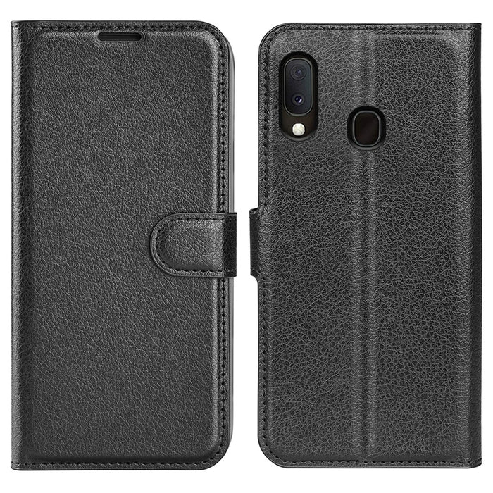 Litchi Texture Wallet Stand Leather Protective Phone Casing for Samsung Galaxy A20e - Black - 1