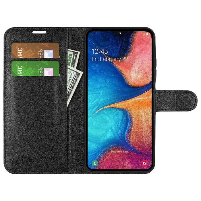 Litchi Texture Wallet Stand Leather Protective Phone Casing for Samsung Galaxy A20e - Black - 2