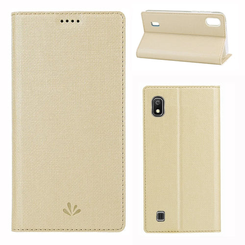 VILI DMX Cross Texture Stand Leather Card Holder Case for Samsung Galaxy A10 - Gold - 1