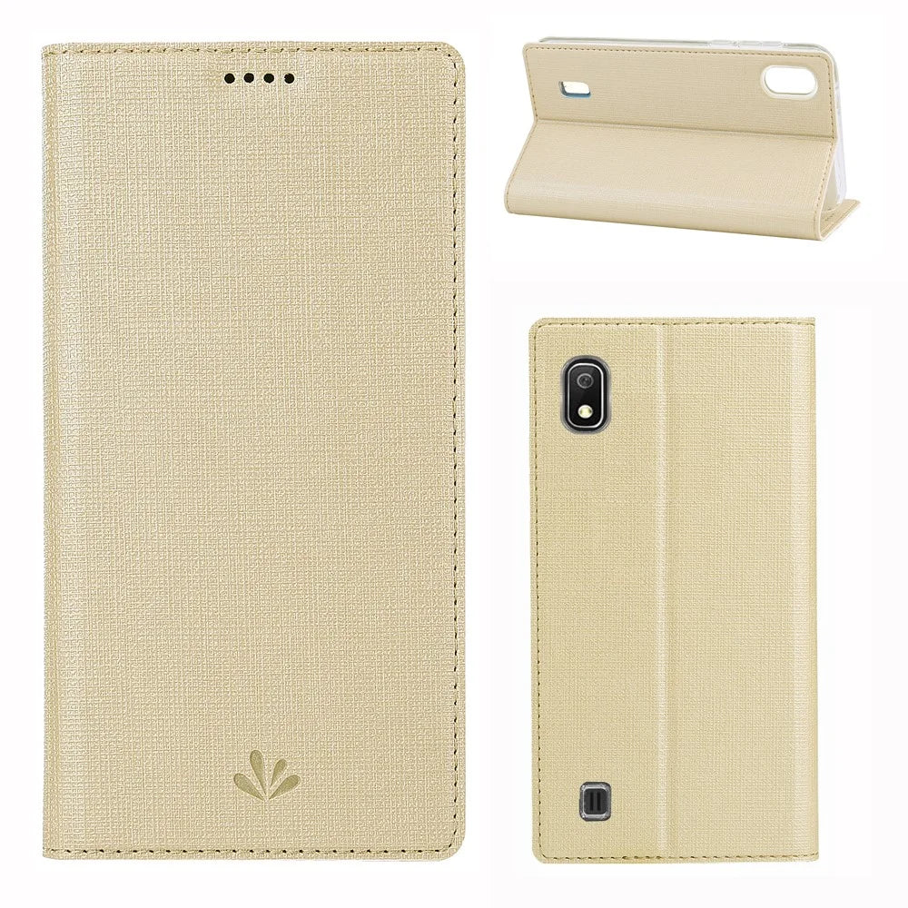 VILI DMX Cross Texture Stand Leather Card Holder Case for Samsung Galaxy A10 - Gold - 1