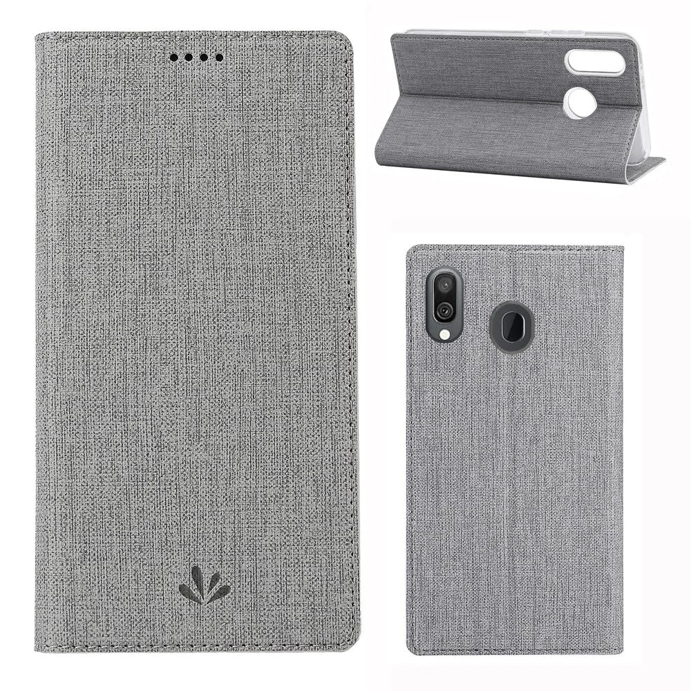 VILI DMX Cross Texture Stand Leather Card Holder Case for Samsung Galaxy A40 - Grey - 1