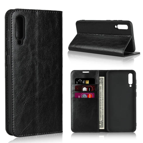Crazy Horse Wallet Stand Genuine Leather Case for Samsung Galaxy A50/A50s/A30s - Black - 1