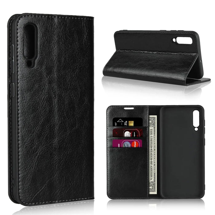 Crazy Horse Wallet Stand Genuine Leather Case for Samsung Galaxy A50/A50s/A30s - Black - 1