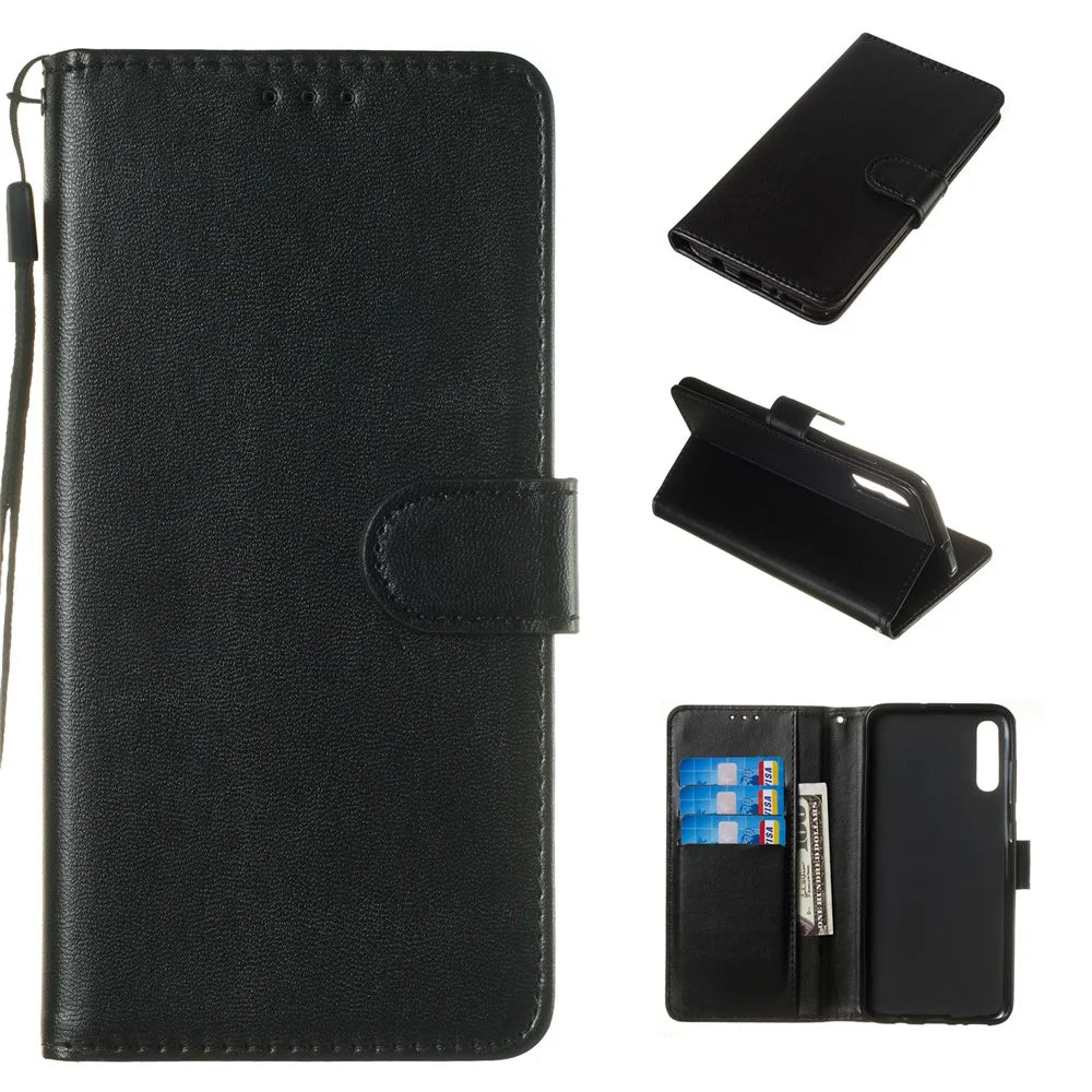 Solid Color Leather Wallet Stand Phone Case Cover for Samsung Galaxy A70 - Black - 1