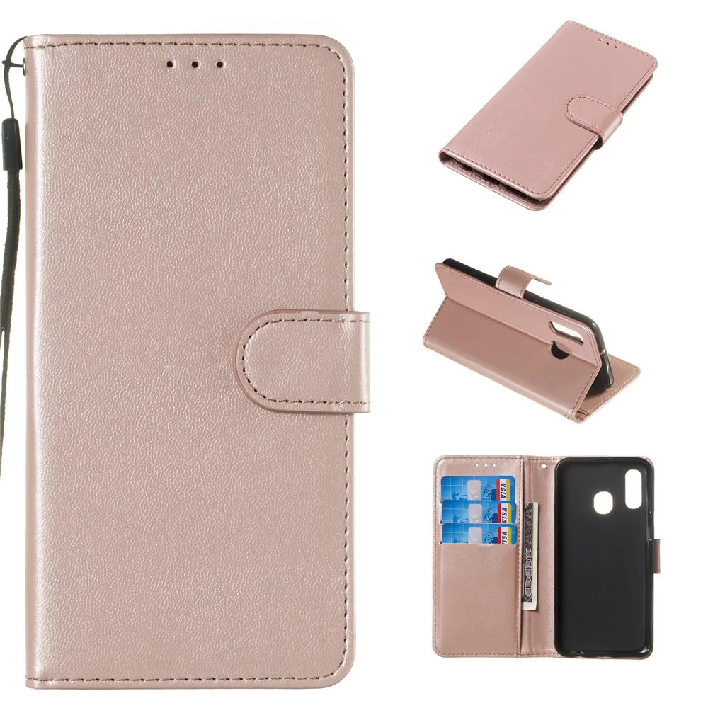Solid Color Leather Wallet Stand Phone Case Cover for Samsung Galaxy A40 - Light Pink - 1