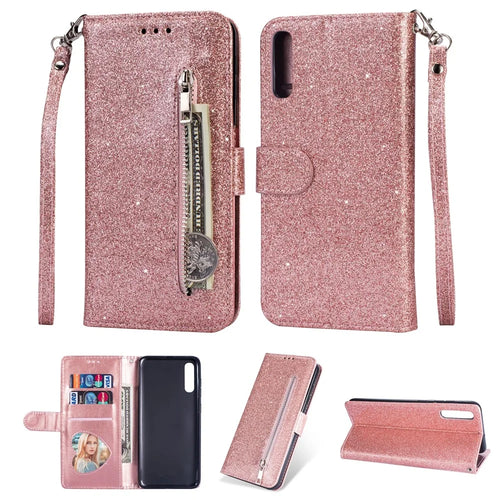 Glitter Powder Zippered Stand Leather Wallet Case with Strap for Samsung Galaxy A70 - Rose Gold - 1