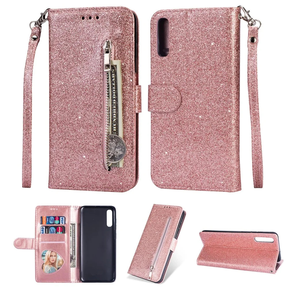 Glitter Powder Zippered Stand Leather Wallet Case with Strap for Samsung Galaxy A70 - Rose Gold - 1