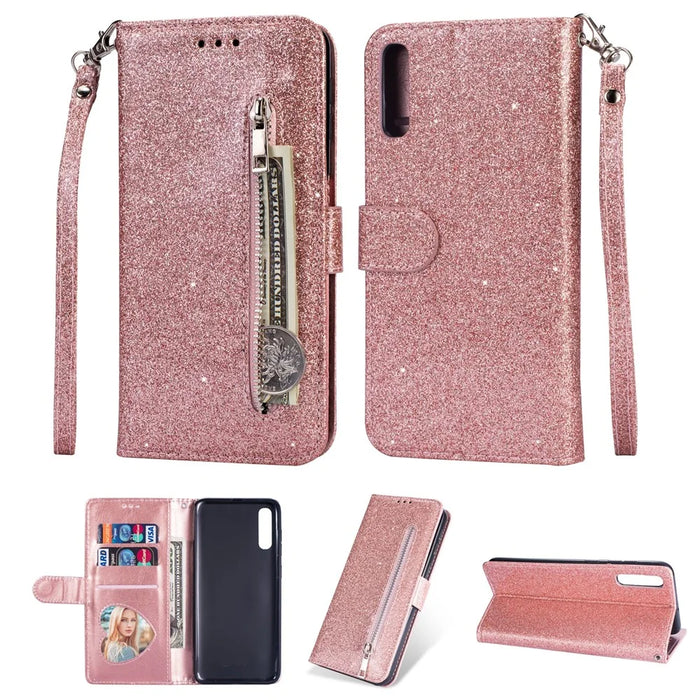 Glitter Powder Zippered Stand Leather Wallet Case with Strap for Samsung Galaxy A70 - Rose Gold - 1