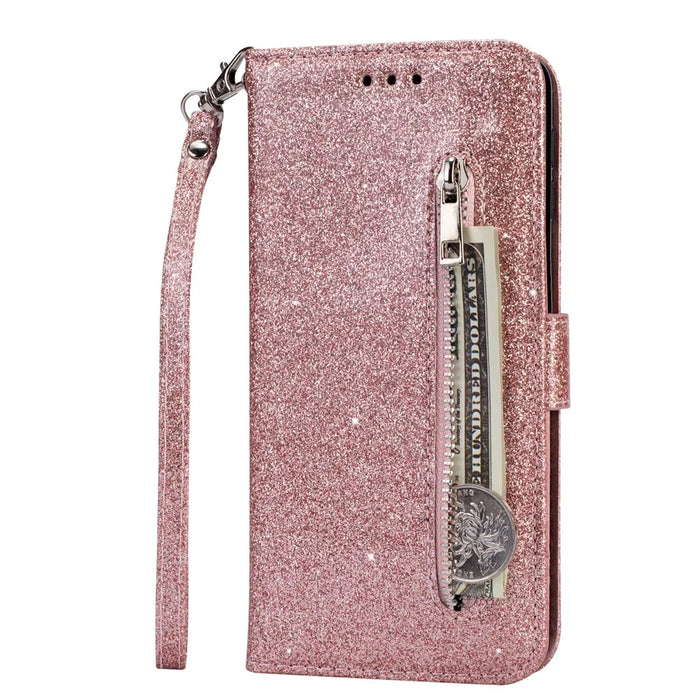Glitter Powder Zippered Stand Leather Wallet Case with Strap for Samsung Galaxy A70 - Rose Gold - 2