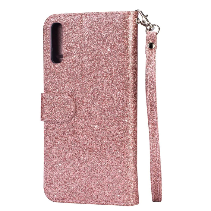 Glitter Powder Zippered Stand Leather Wallet Case with Strap for Samsung Galaxy A70 - Rose Gold - 3