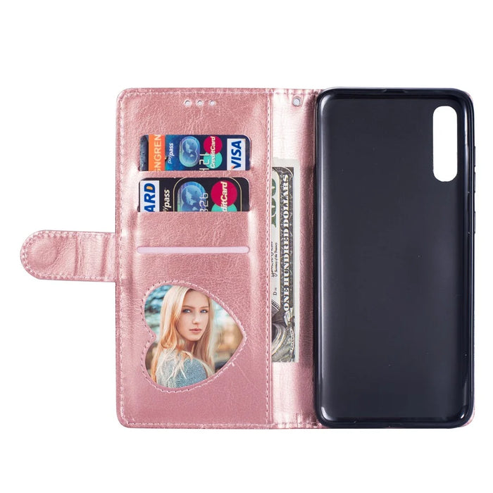 Glitter Powder Zippered Stand Leather Wallet Case with Strap for Samsung Galaxy A70 - Rose Gold - 5