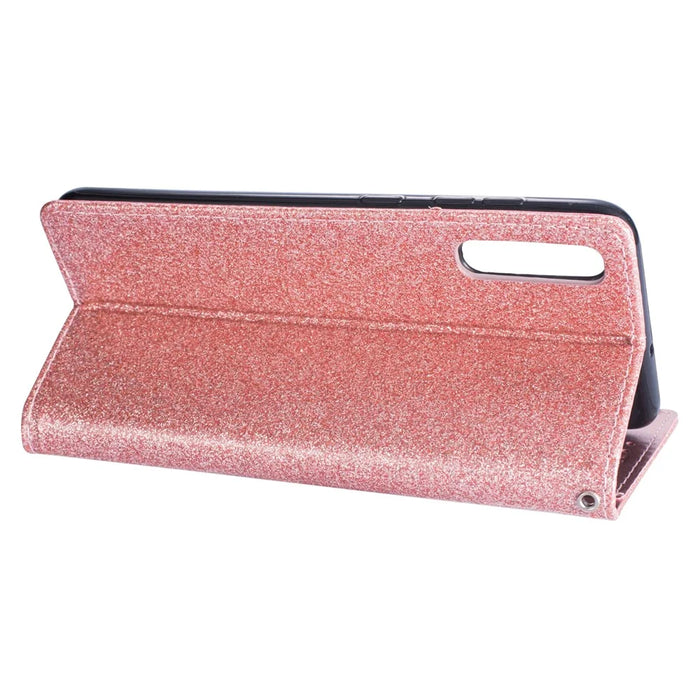 Glitter Powder Zippered Stand Leather Wallet Case with Strap for Samsung Galaxy A70 - Rose Gold - 6