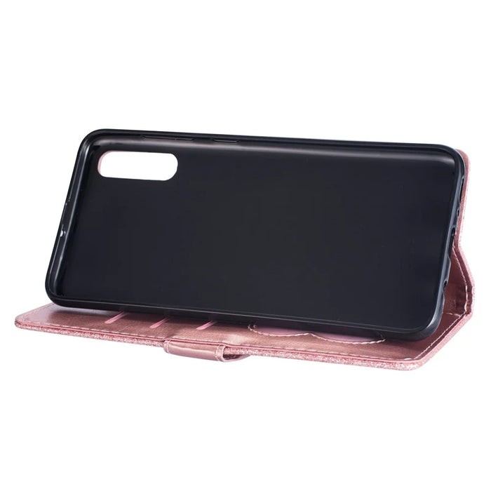 Glitter Powder Zippered Stand Leather Wallet Case with Strap for Samsung Galaxy A70 - Rose Gold - 7