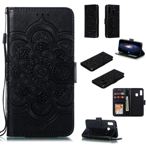 Imprint Mandala Flower Stand Wallet Leather Case for Samsung Galaxy A20e Anti-Scratch Phone Accessory - Black - 1