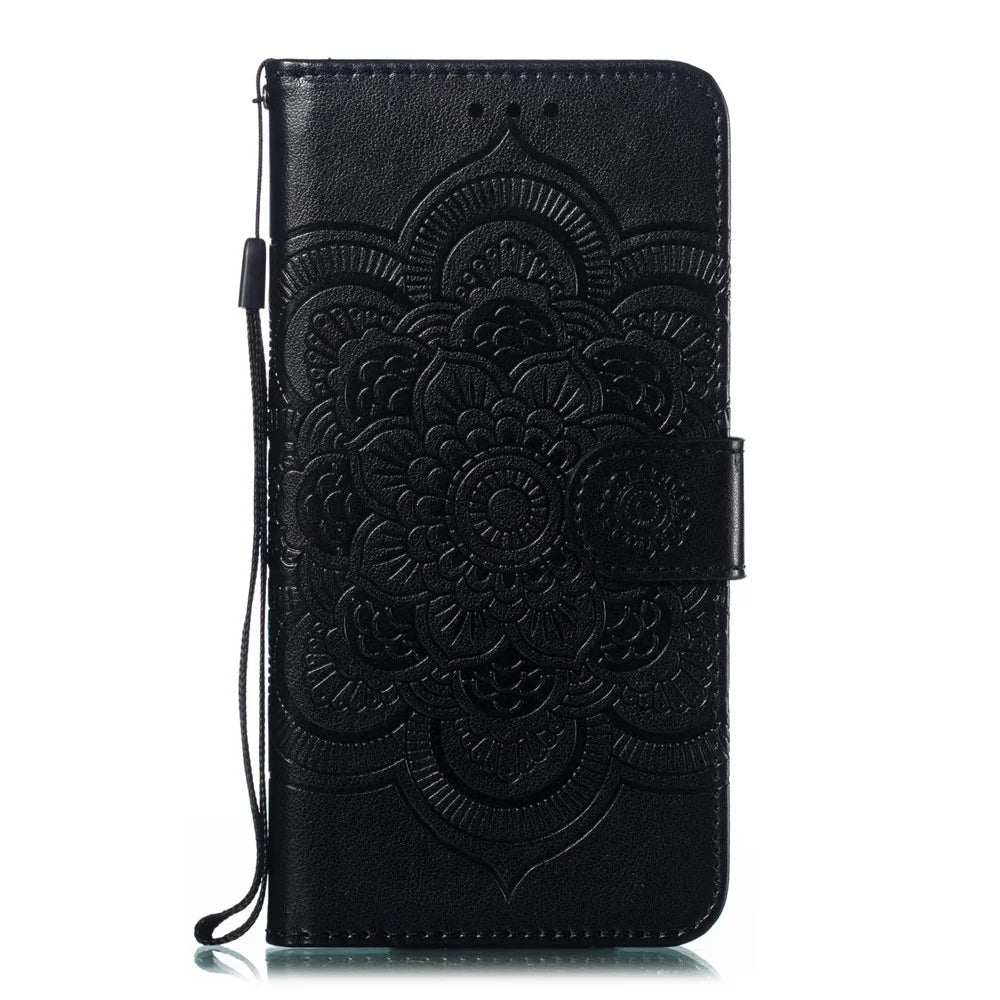Imprint Mandala Flower Stand Wallet Leather Case for Samsung Galaxy A20e Anti-Scratch Phone Accessory - Black - 2